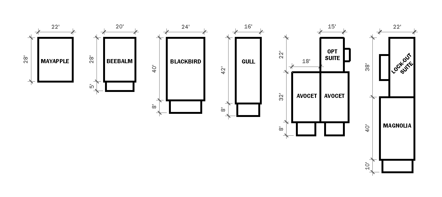 A black-and-white schematic showing house footprint diagrams with dimensions