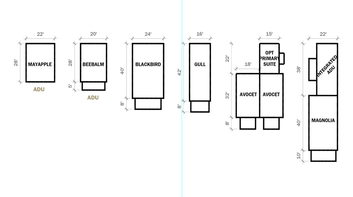 A black-and-white schematic showing house footprint diagrams with dimensions