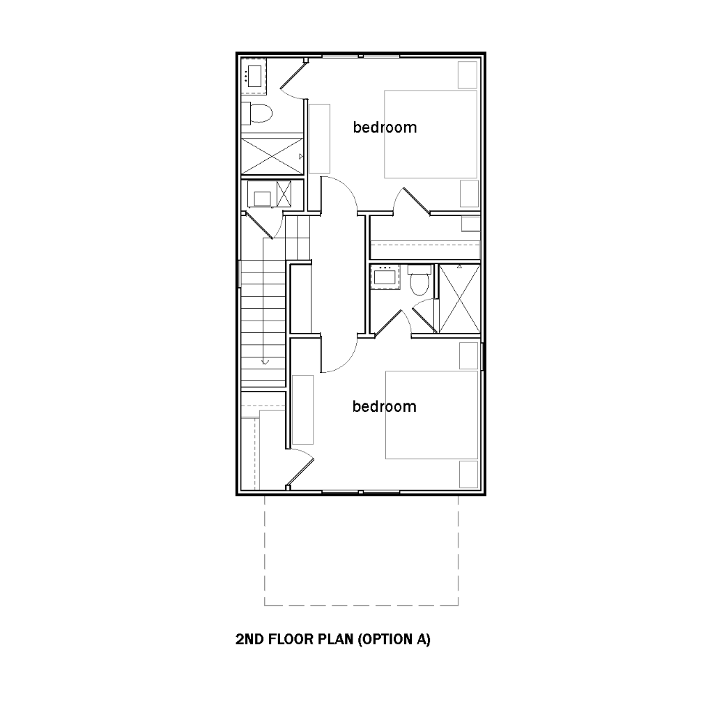 An architectural floor plan showing the second floor which includes two-bedrooms, each with their own bathroom and closet.