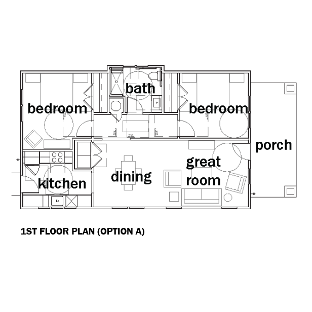 A black-and-white first floor plan diagram labeled with room names including bedroom, bathroom, kitchen, dining, great room, and porch, with the text '1ST FLOOR PLAN (OPTION A)' below.