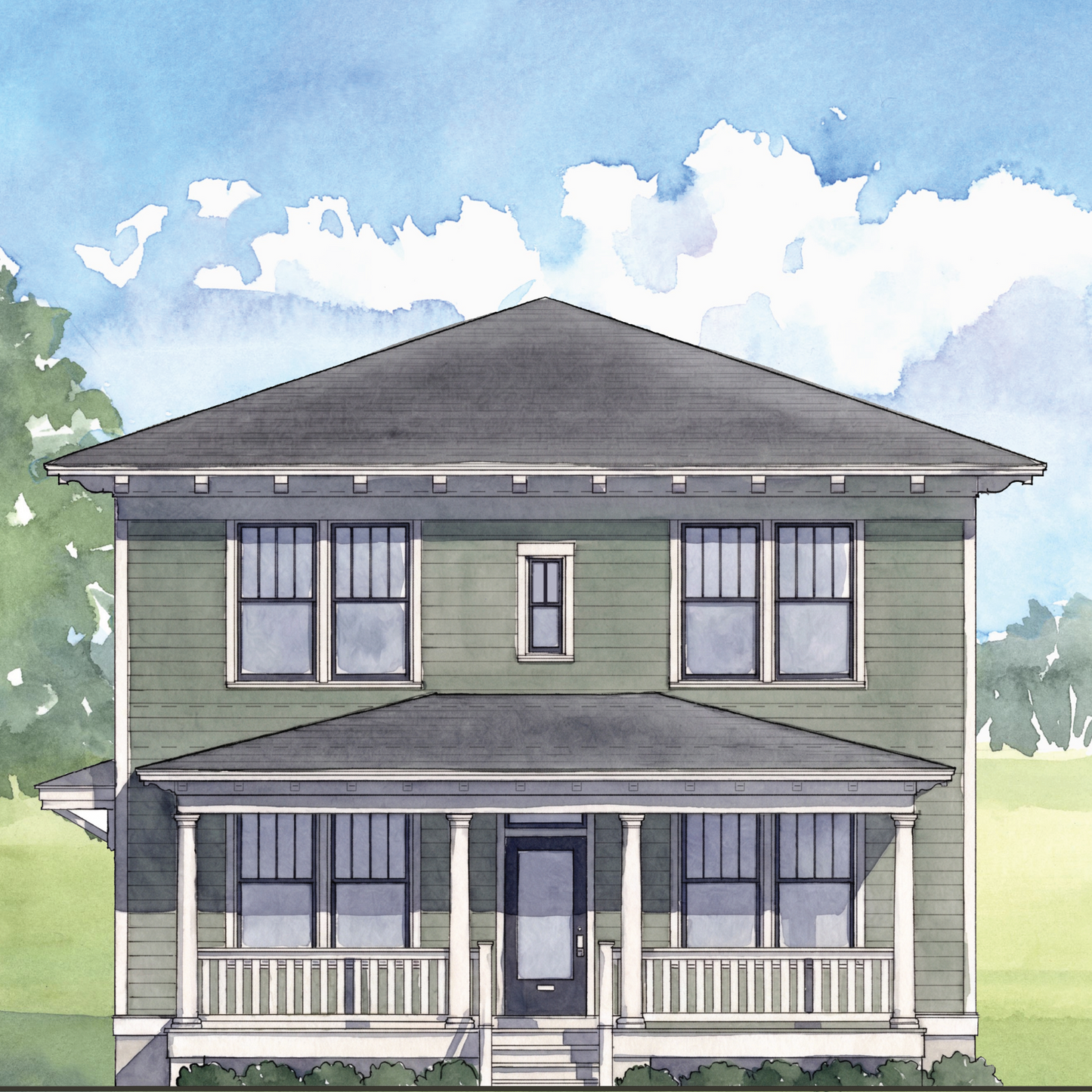 Watercolor-style illustration of a two-story house with a front porch, surrounded by trees and a blue sky with white clouds.