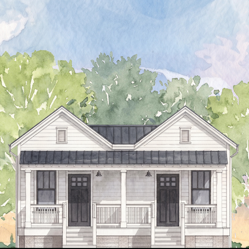 Watercolor-style illustration of a small white house with a dark roof, front porch, and trees in green and blue tones.