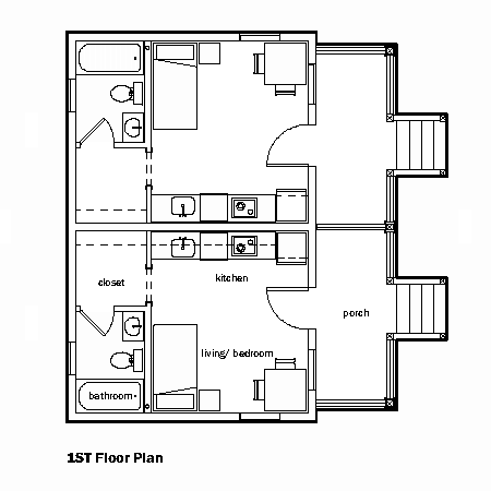 Architectural house plan drawings showing a duplex studio housing. Each with their own porch, living/bedroom, kitchen, bathroom and closet.