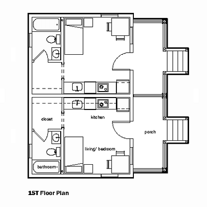 Architectural house plan drawings showing a duplex studio housing. Each with their own porch, living/bedroom, kitchen, bathroom and closet.