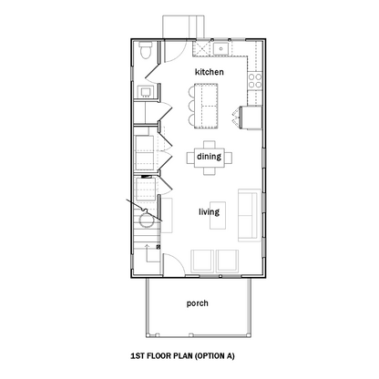 An architectural floor plan showing the front porch, living, dining and kitchen.