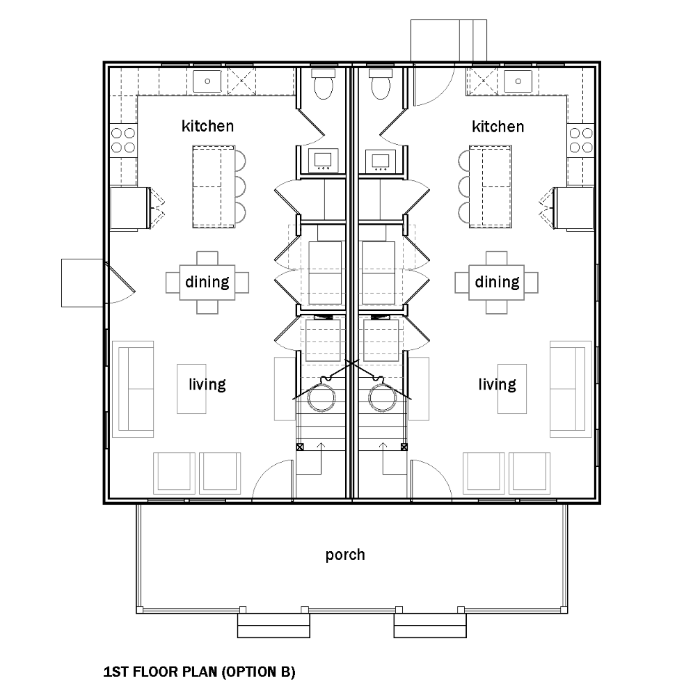 A  duplex architectural floor plan layout on a white background, showing labeled floor plans including the porch, living, dining and kitchen.