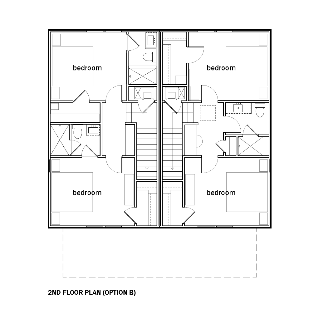 A duplex architectural floor plan layout showing labeled floor plans including the two bedrooms and bathrooms.