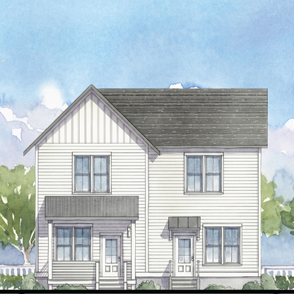 Watercolor-style illustration of a two-story house exterior with white siding, a dark gray roof, front porch, and small trees on both sides against a blue sky.