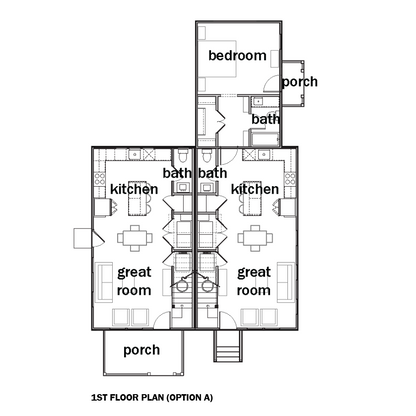 Architectural floor plan diagrams with labeled rooms including bedrooms, kitchen, great room, bath, porch, and staircase.