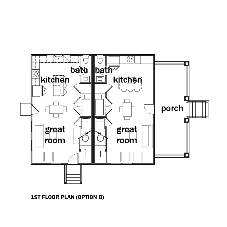 Architectural floor plan diagram showing the 1st floor plan (Option B) with labeled rooms including kitchens, great rooms, baths, and a porch.