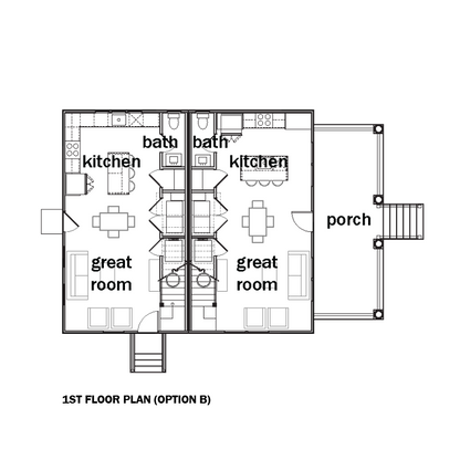 Architectural floor plan diagram showing the 1st floor plan (Option B) with labeled rooms including kitchens, great rooms, baths, and a porch.
