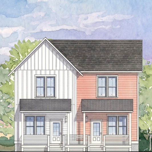 Watercolor-style illustration of a two-story house with white and coral siding, a dark roof, front porch, and trees under a blue sky.