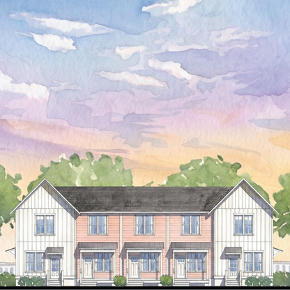 Watercolor-style illustration of a two-story house with white siding, a dark roof, green trees, and a pastel sky in blue, purple, pink, and yellow tones.