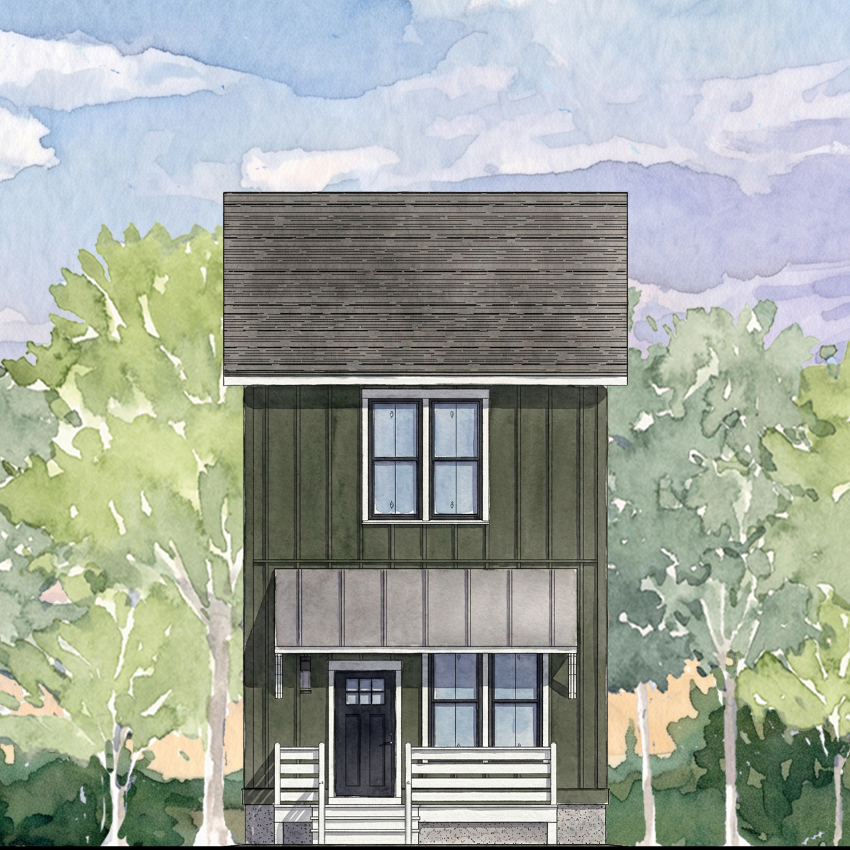 Watercolor-style illustration of a small house with dark siding, a gray roof, front porch.