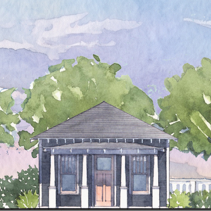 Watercolor-style illustration of a small house with a dark gray roof and trim, white columns, a peach-toned front door, green trees, and a soft blue-purple sky.