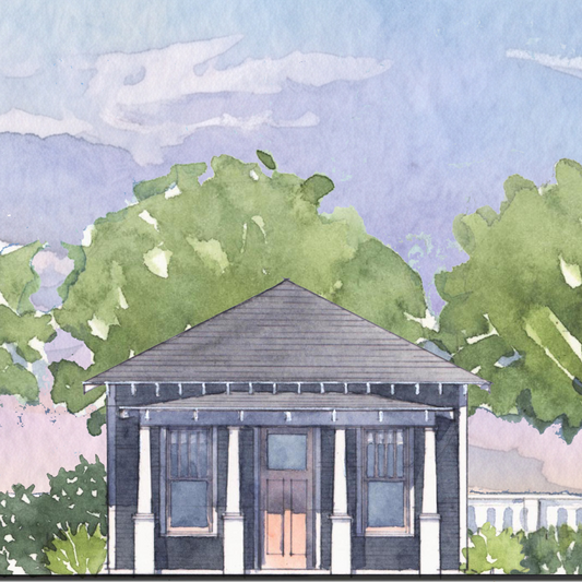Watercolor-style illustration of a small house with a dark gray roof and trim, white columns, a peach-toned front door, green trees, and a soft blue-purple sky.
