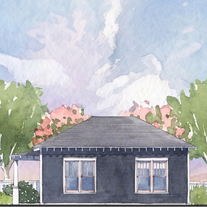 Watercolor-style illustration of a small house with a dark gray roof and walls, white-framed windows, green trees, and pink flowering bushes under a blue sky with soft clouds.