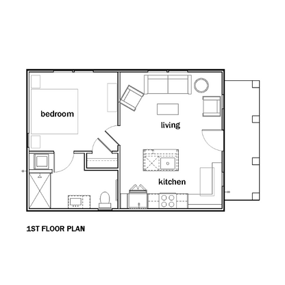 An architecture plan showing labeled rooms including front porch, living, kitchen and bedroom that has its own bathroom.