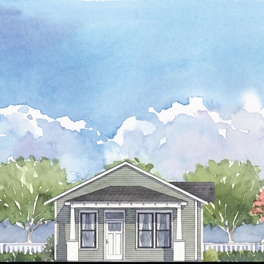 Watercolor-style illustration of a small house with a gray siding, white trim, dark roof, green trees, and a blue sky with white clouds.