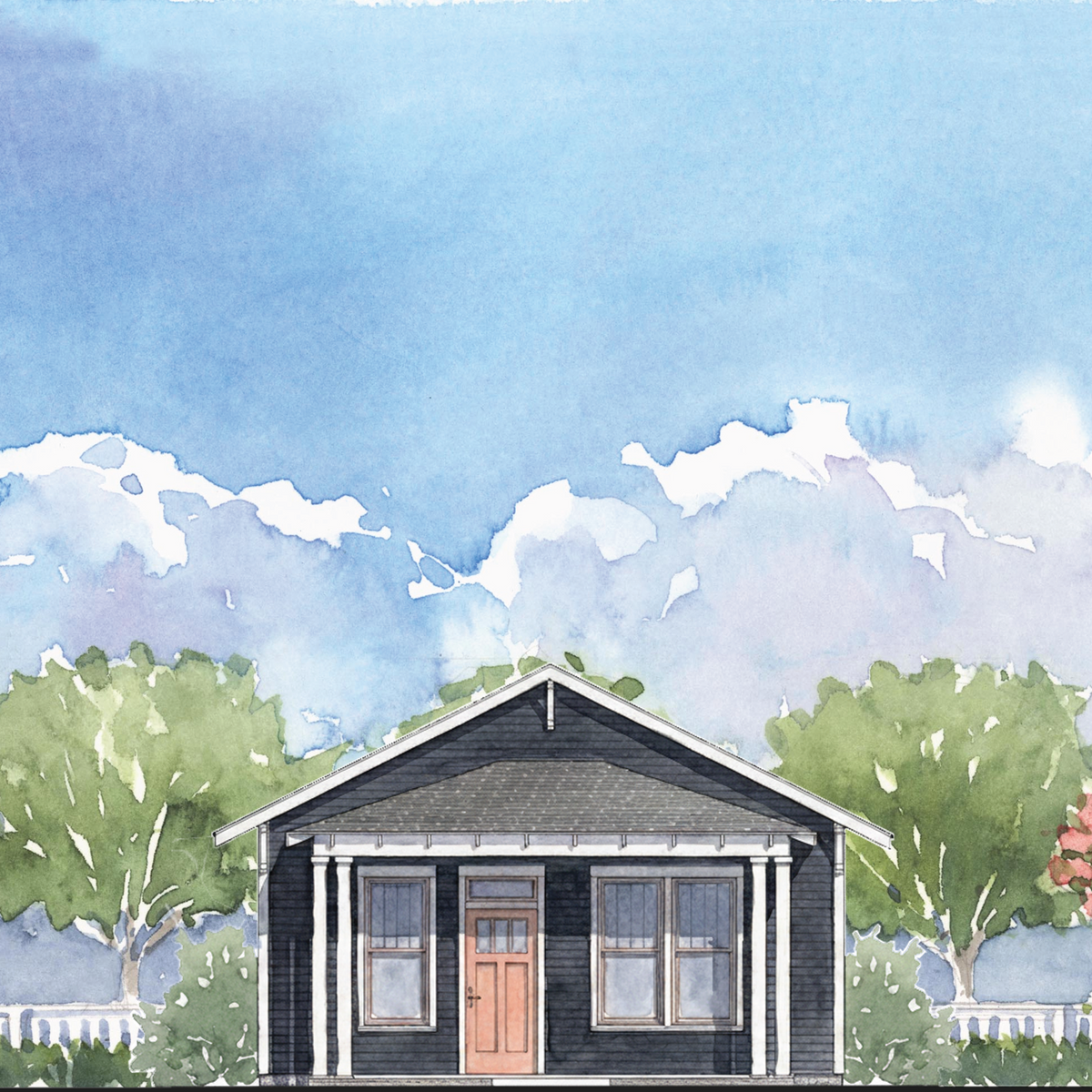 Watercolor-style illustration of a small house with a dark exterior, white trim, a peach front door, green trees, and a blue sky with clouds.