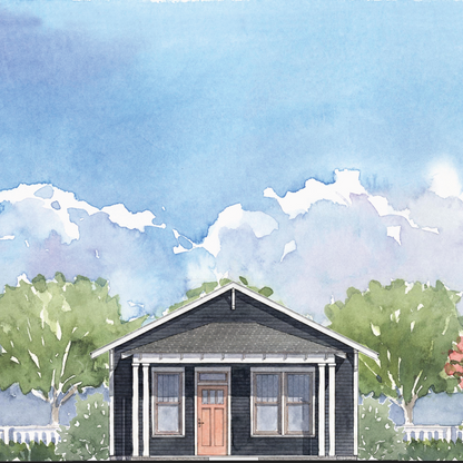 Watercolor-style illustration of a small house with a dark exterior, white trim, a peach front door, green trees, and a blue sky with clouds.