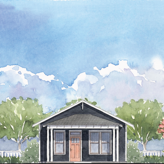 Watercolor-style illustration of a small house with a dark exterior, white trim, a peach front door, green trees, and a blue sky with clouds.