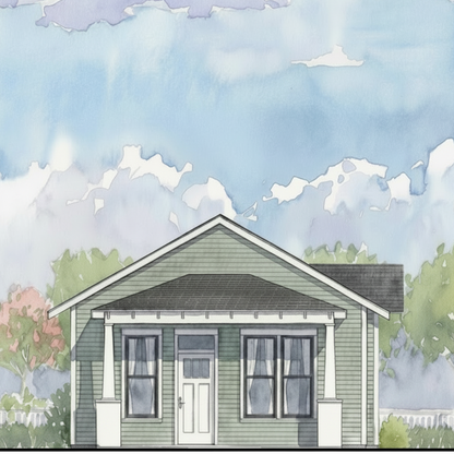 Illustration of a small house with a pastel sky and trees in the background