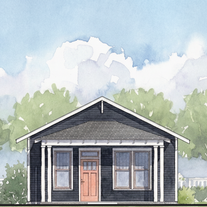 Illustration of a small house with a blue roof and white trim, surrounded by green trees and a blue sky.