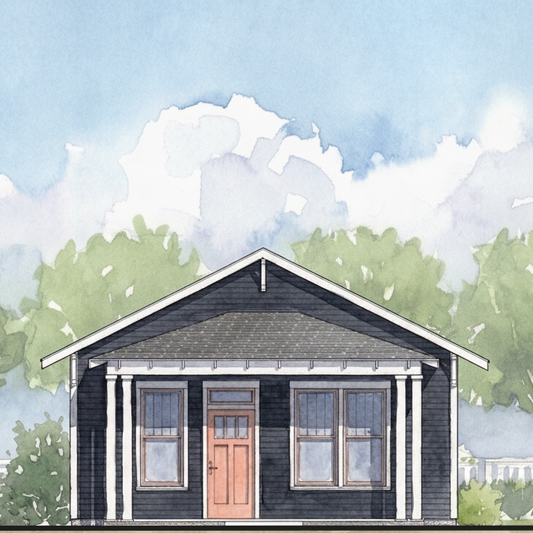 Illustration of a small house with a blue roof and white trim, surrounded by green trees and a blue sky.