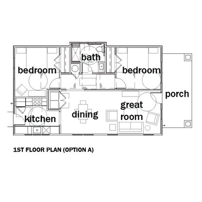 A black-and-white first floor plan diagram labeled with room names including bedroom, bathroom, kitchen, dining, great room, and porch, with the text '1ST FLOOR PLAN (OPTION A)' below.