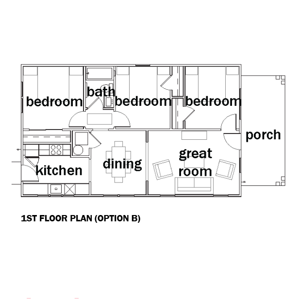 A black-and-white first-floor plan diagram showing 3 bedroms, bath, kitchen, dining, great room, porch, and a note reading '1ST FLOOR PLAN (OPTION B)'.
