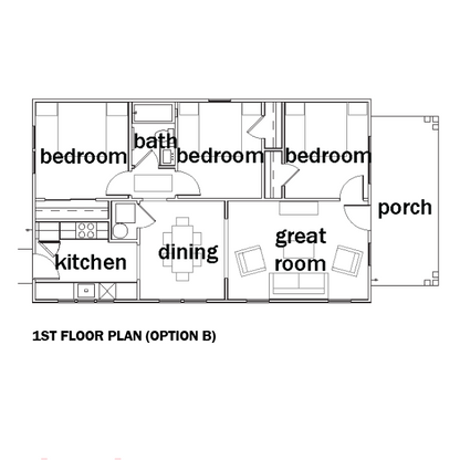A black-and-white first-floor plan diagram showing 3 bedroms, bath, kitchen, dining, great room, porch, and a note reading '1ST FLOOR PLAN (OPTION B)'.