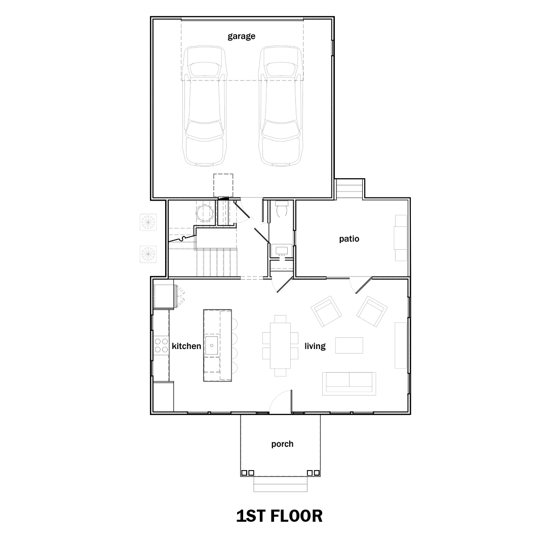 Architectural floor plan showing the first story of a two-story layout with labeled rooms including garage, kitchen, living, patio, bathroom, and porch 