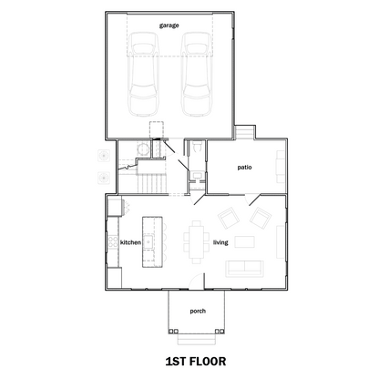 Architectural floor plan showing the first story of a two-story layout with labeled rooms including garage, kitchen, living, patio, bathroom, and porch 