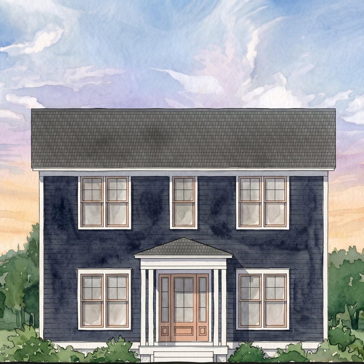Watercolor-style illustration of a two-story house exterior with dark navy siding, white trim, a gray roof, a front porch with columns
