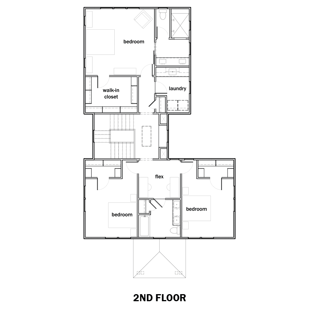 Second Floor Architectural plan with laundry, bedrooms, walk-in closet and flex space