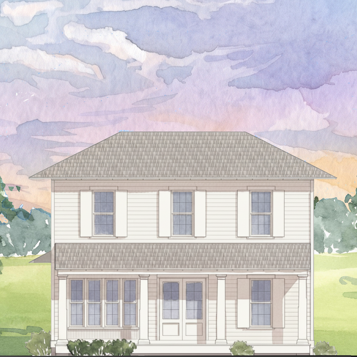 Watercolor-style illustration of a two-story house.
