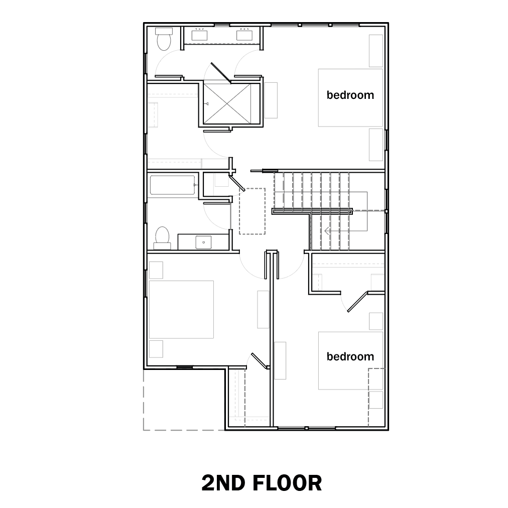 Architectural floor plan diagrams showing the layout of a two-story house, labeled  '2ND FLOOR' with room labels for two bedrooms