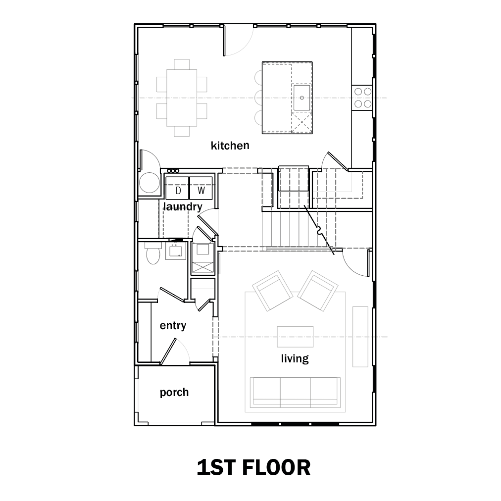 Architectural floor plan diagram showing the layout of a two-story house, labeled '1ST FLOOR'  with room labels such as kitchen, living, bedroom, and porch on a white background.