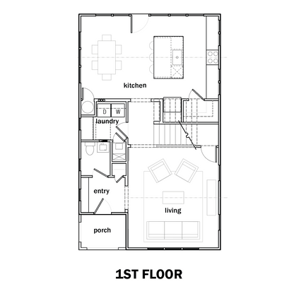 Architectural floor plan diagram showing the layout of a two-story house, labeled '1ST FLOOR'  with room labels such as kitchen, living, bedroom, and porch on a white background.