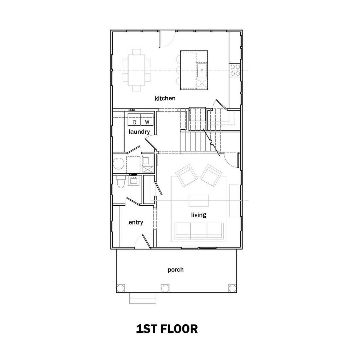 A black-and-white architectural floor plan labeled '1ST FLOOR' showing room layout with kitchen, laundry, entry, porch, living, and other interior spaces.