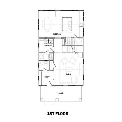 A black-and-white architectural floor plan labeled '1ST FLOOR' showing room layout with kitchen, laundry, entry, porch, living, and other interior spaces.