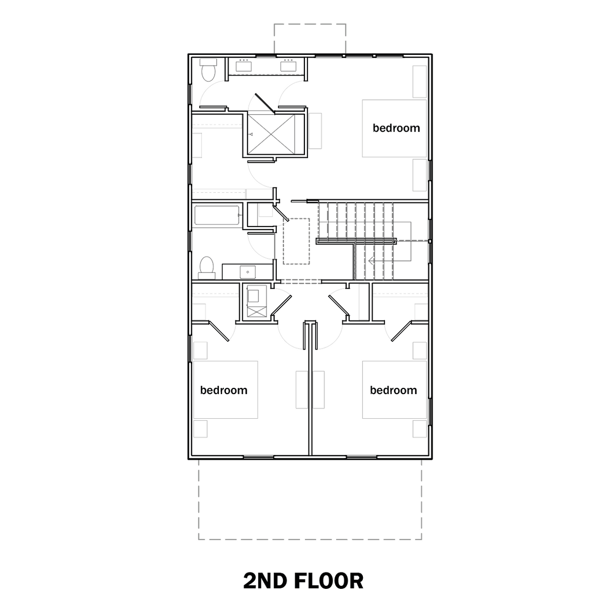 A black-and-white architectural floor plan labeled '2ND FLOOR' showing a two-story layout with bedroom, bathroom, staircase, and wall markings on a white background.