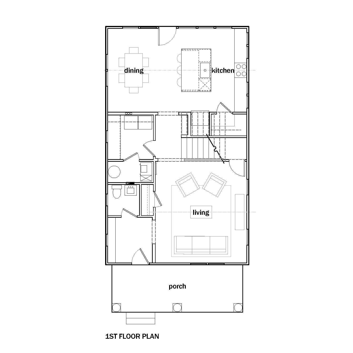 first floor floorplan for Elm Option B with full front porch, entry, half bath, living room, hall and laundry room, stairs, dining and kitchen