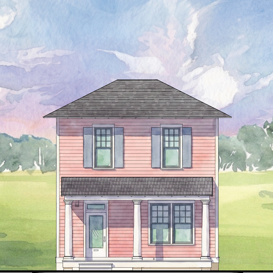 Watercolor-style illustration of a two-story house with pink siding, dark gray roof, white porch columns, green lawn, and blue sky with clouds.