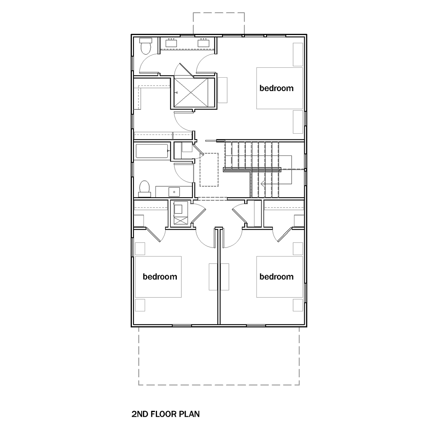 Second floor floorplan with two bedrooms on the front of the house, a full bath with tub, and a large primary suite with walk-in closet and large bathroom with double vanity and separate toilet room.