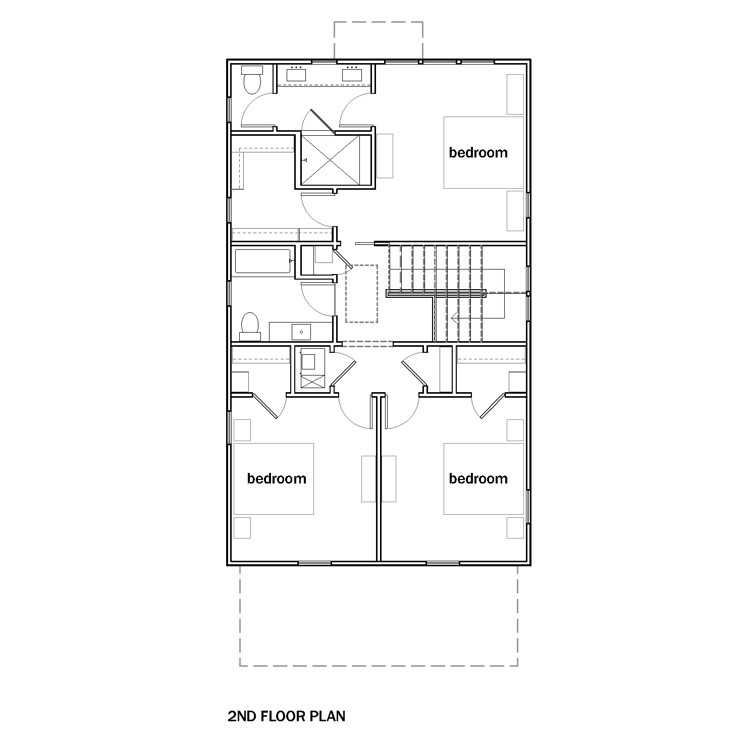 Second floor floorplan with two bedrooms on the front of the house, a full bath with tub, and a large primary suite with walk-in closet and large bathroom with double vanity and separate toilet room.