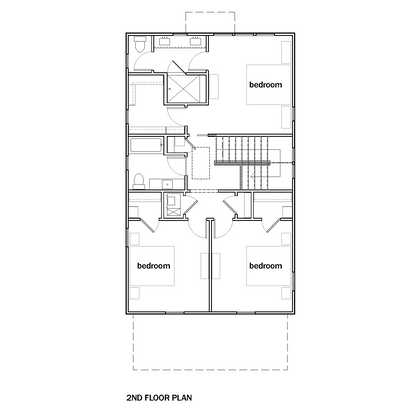 Second floor floorplan with two bedrooms on the front of the house, a full bath with tub, and a large primary suite with walk-in closet and large bathroom with double vanity and separate toilet room.