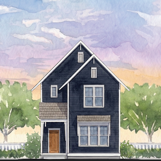 Watercolor-style illustration of a two-story dark navy house with white trim