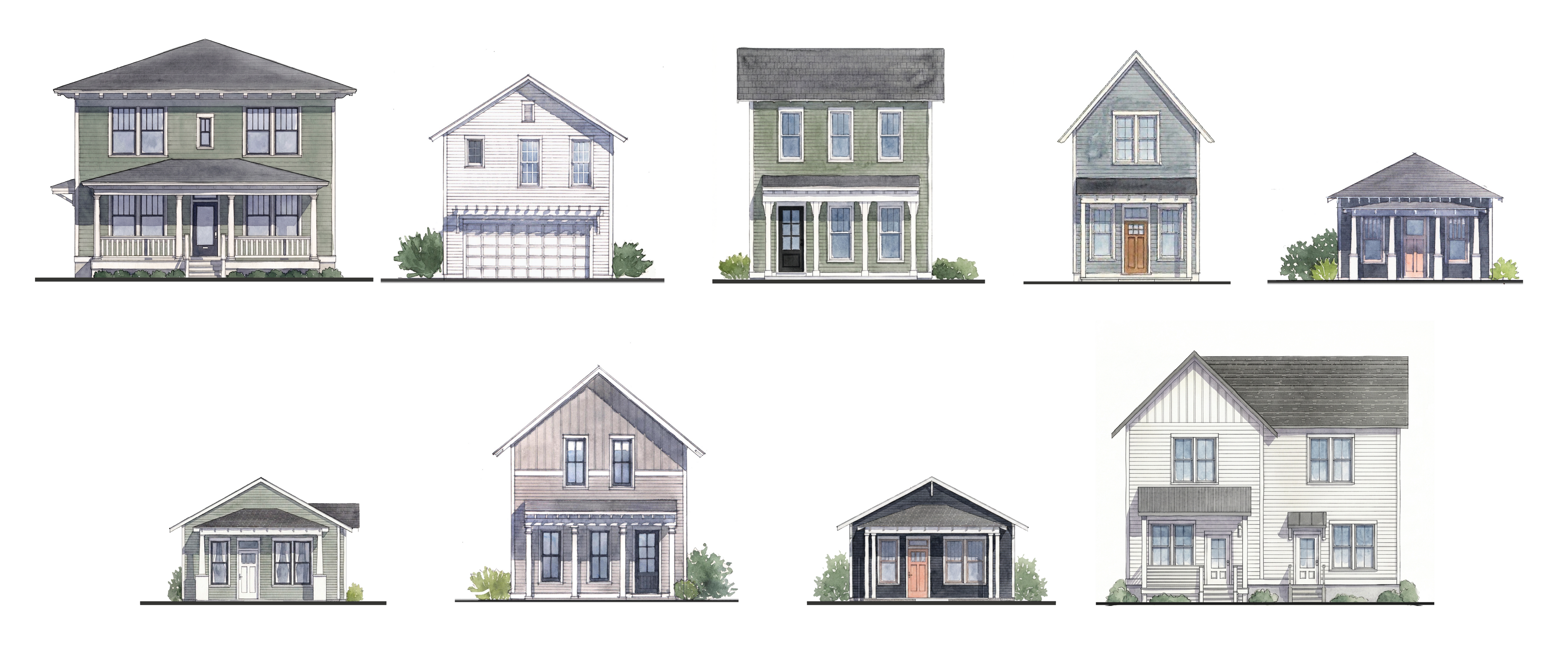 A set of watercolor-style house facade illustrations arranged in two rows on a white background, showing various home designs